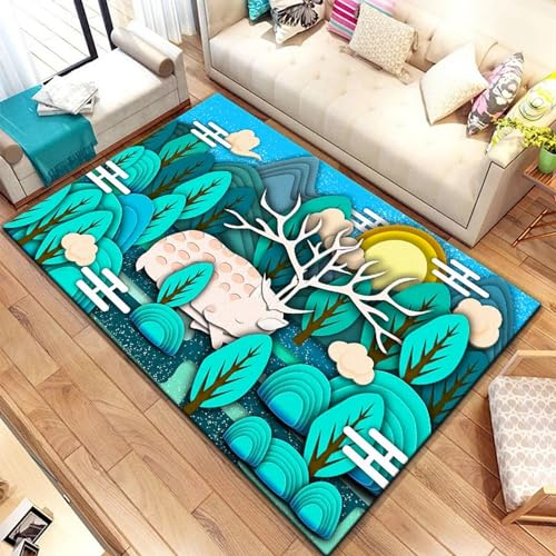 Kind Teppich 160 X 230 cm, Schlafzimmer Teppich, 3D Teppiche Wohnzimmer Teppiche Weich rutschfest Teppich Für Wohnzimmer Schlafzimmer Bettvorleger Elch Waldtier Hirsch Cartoon-Zeichnung -2B8K6J7W1G9V