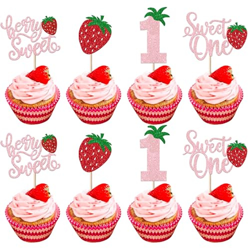 24 Pack Sweet One Cupcake Toppers Glitter First Birthday Strawberry Cupcake Picks for Fruit Baby Shower 1st Birthday Berry Sweet Cupcake Decorations Party Supplies Pink