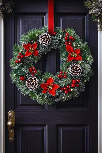 Weihnachtskranz Künstlicher Türkranz mit Tannenzapfen, roten Beeren Weihnachtsblüten – Weihnachtsdeko für Tür, Wand Zuhause
