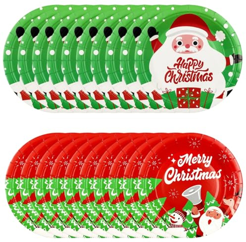 Weihnachten Pappteller, 20 Stück Weihnachts Pappteller 9 Zoll Runde Pappteller Weihnachtsbaum Weihnachtsmann Schneemann Einweg-Papier Teller Party Geschirr für Weihnachten Dekorationen (Style-B)