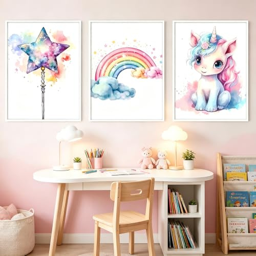 BeiYiHo 3 Bilder Kinderzimmer Mädchen Einhorn Regenbogen Aquarell Poster Kinderzimmer Bunt Kunstdruck auf Leinwand Bild Kinder Wandbilder Babyzimmer Mädchen Baby Geschenk ohne Rahmen (BYPT18-30x40)