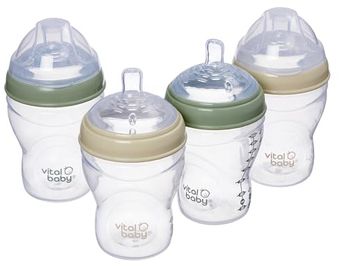 Vital Baby Breast-Like Baby Feeding Bottles 0m+, 240ml, Self-Sterilising in 3 Mins, Triple Anti-Colic Valves, Slow Flow Teats, EarthSmart Biodegradable, BPA-Free, 4 Pack