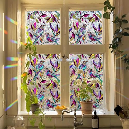 Tanlaby Colibri Pellicola per Finestre Arcobaleno Colorati Piante Uccello Adesivi per Finestre Autoadesive Pellicola Privacy Statici Anti-Collisione Finestra Vetro Porte Decalcomanie, 45x100cm