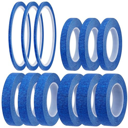 Lot de 12 rouleaux de ruban de masquage bleu à lignes fines pour peintres - 3 mm/8 mm/12 mm/15 mm de large - 20 m de large - Ruban de masquage inscriptible avec lignes pointues - Ruban de masquage de