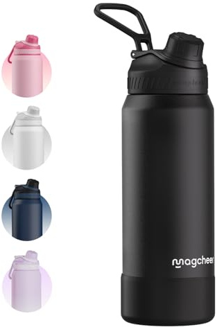 magcheer Isolierte Edelstahl Trinkflasche 1L mit Griff | BPA-Frei & Auslaufsichere Isolierte Thermosflasche | Metall Wasserflasche mit Breiter Öffnung für Sport,Gym,Outdoor(Schwarz)