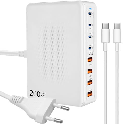 200W Chargeur USB C, 8 Ports GaN III Tech, 65w 45w Chargeur Rapide PD QC PPS Prise USB C Multiple Station de Charge Compatible avec MacBook, iPhone,ipad, SteamDeck, Laptop, Smartphones