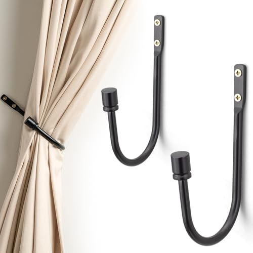 Black Curtain Holdbacks - 2 Pack, Metal Curtain Tiebacks Hooks Wall Mounted, Decorative Drapery Pull Back Hooks, Curtain Hold Backs with Hardware, Window Side Holders for Drapes, Curtain Accessories