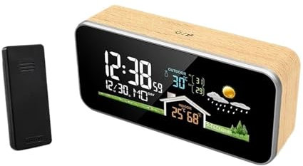 TIEOAXFT Estación meteorológica de Madera con Despertador, termómetro Digital LED, higrómetro, Sensor inalámbrico for medidor de Temperatura y Humedad for Interiores y Exteriores