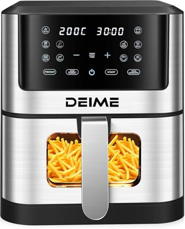 Freidora de Aire 10 Funciones, 6L, 1500W, Control Digital de Temperatura 80-200°C y Tiempo, Temporizador hasta 60 min. Pantalla LED, Ventana de Cocción Visible, Antideslizante. (6 LITROS)
