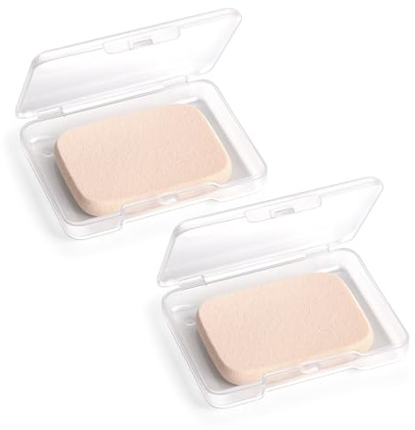 2 Pcs Makeup Sponges with Travel Case, Facial Primer Compact Powder Puff, Cosmetics Blush Applicators Sponges for All Skin Types Wet and Dry Dual Use (Square)