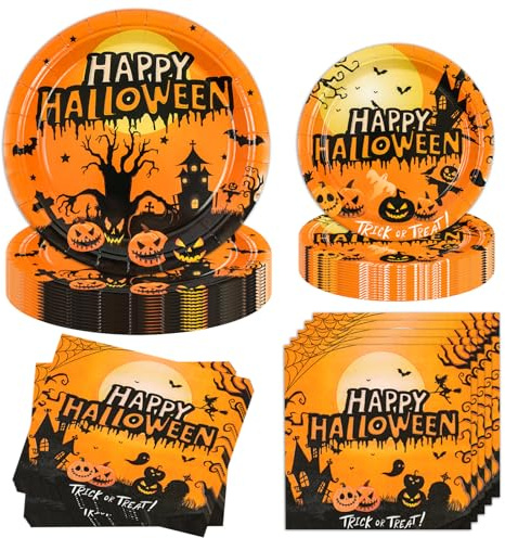 60 Stück Halloween Partygeschirr set,Halloween Einweggeschirr mit Pappteller Thema Partyteller Servietten Partygeschirr Herbstdeko für Geburtstag Party Kinder Party Dekorationen