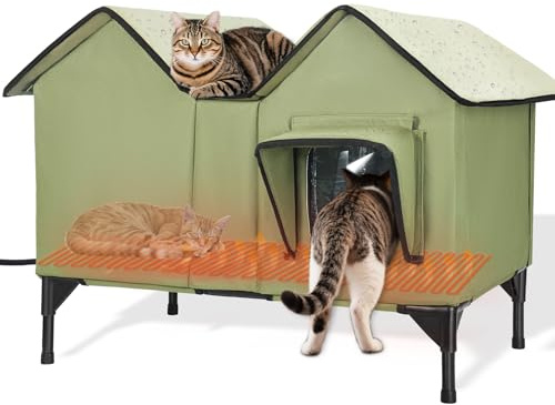 Beheiztes Katzenhaus, Vergrößerte Katzenhaus Outdoor Winterfest Isoliert mit Fluchttüren und Heizpolster für Mehrere Katzen Hunde, Erhöhte Wasserfeste Robuste Katzenhöhle für Draußen (Grün)