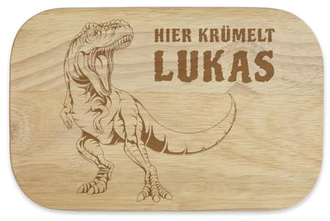 Personalisiertes Frühstücksbrettchen Dinosaurier Motiv, Ihr Text mit Laser in Gummibaum Hartholz eingebrannt, 23x15cm, Geschenk für Kinder