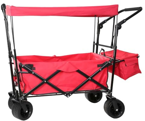 Qualtex Chariot pliable portable, chariot à pousser avec auvent, barre de poignée réglable, chariot de transport, chariot de plage, chariot de jardin, chariot de camping, capacité de charge de 100 kg