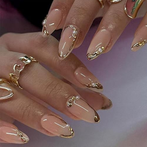 24PCS Almond Press On Nails – Short French Tip False Nails with Gold Edge & Pearl Design – Reusable Acrylic Eco-Friendly ABS Material Includes File & Adhesive Tabs for Women