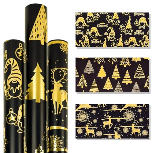 Zindoo Geschenkpapier Weihnachten Schwarz Glitzer Set, 3 Roll 43x300cm Tolle Gold Motive Designs, Geschenke zur Weihnachts und Adventszeit zu Verpacken