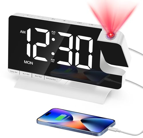 Venchin Wecker mit Projektion: 180° Projektor Uhr Digital 2 USB-Ladeanschluss 2 Alarmen 3 Modi 9 Mins Snooze 5 Lautstärke 12/24Hr DST 7.3 LED Digitaluhr EU Adapter - Weiß
