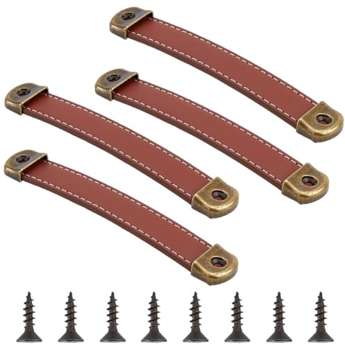 CALFOVERA 4 Packung Schubladengriffe Aus PU Leder Brauner Lederriemen Koffergriff Vintage Kommoden Und Schrankknöpfe Ersatzbeschläge Inklusive Schrauben Für Kommodentüren Koffer Gepäck Kleidersch