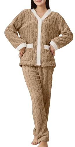 Pigiama Pile Donna Invernale Pigiama Flanella Cotone Leggero Pigiami Donna Felpato Elegante Due Pezzi Sleepwear Set Curvy Caldo E Morbido Notte Da Casa Con Aperto Davanti E Bottoni Completo Tuta