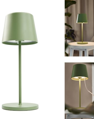 NCC-Licht LED Akku Tischlampe kabellos Grün matt, warmweißes Licht, stufenlos dimmbar, IP65 für innen & außen, aufladbar mit USB-Kabel