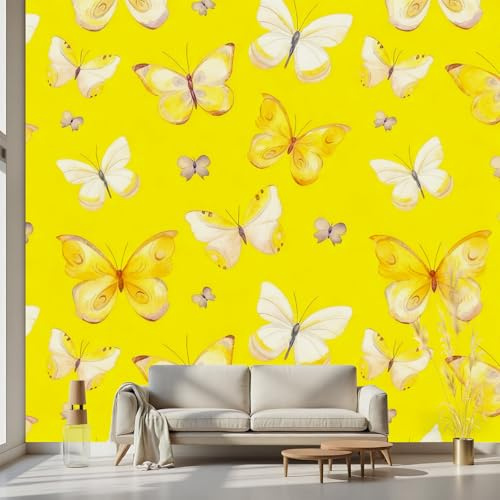 Kioldoq Schmetterling Fototapete Wohnzimmer, Gelbe Tier Tapete Selbstklebende Schlafzimmer, Ästhetik Kind Tapeten Wandtapete Kinderzimmer Wanddeko Motivtapeten 150 x 100 cm
