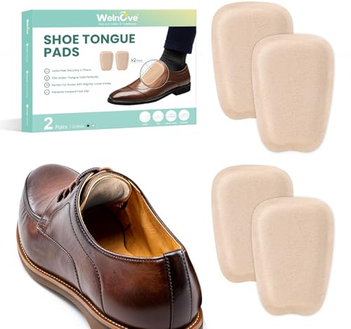 Shoe Tongue Pads for Men & Women - Welnove 2 Pairs Suede Memory Foam Shoe Padding Cushion Soft Self Adhesive Inserts Filler for Boots, Leather Shoes, Dress Shoes, Loafers (Beige, Size L)