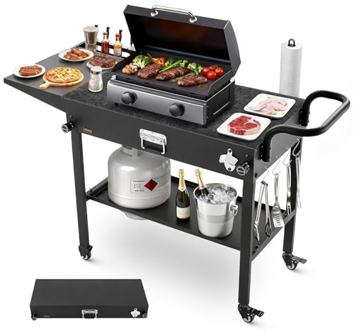 VEVOR Desserte de Jardin pour Plancha Pliable, Chariot de Barbecue Plan de Travail 78,7x43,2 cm, pour Préparation de Cuisine BBQ Extérieur, avec Porte-essuie-Tout, Crochets et Tablette Latérale