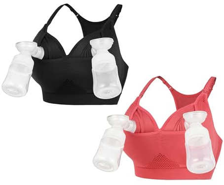 iloveSIA Hands Free Pumping Bras, Nursing Bra for Breastfeeding Sleeping, Yoga & Sports Bralette for Mom Recovery | Ultra Soft, Adjustable & Breathable| Fits Most Pumps Black+Light Red Size 2XL
