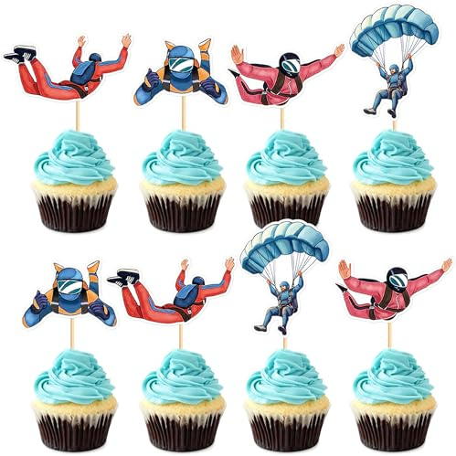 Blumomon 32Pcs Skydiving Cupcake Toppers Extreme Sport CupCake Topper Picks Outdoor Sport Theme For Skydiving Enthusiast Birthday Party Cake Decorations