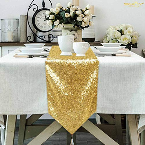 ShinyBeauty Gold Sequin Table Runner Tassel-30x180cm, Shiny Round Sequins Fabric for Table Runners Birthday Party Wedding Banquet Table Decoration (Gold)
