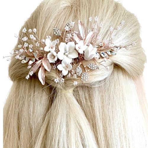 ONDEGO® Rosegold Brauthaarschmuck Haarkamm – Handgefertigter 3D Blumen Haarschmuck mit Perlen & Strass – Leichter Haarkamm für Hochzeit Brautfrisur Festliche Anlässe