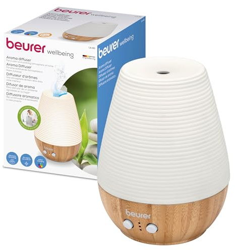 Beurer LA40 Aroma Diffuser, Fragrance diffuser with ultrasonic atomisation, With wellness light and colour change, Made of real bamboo and porcelain