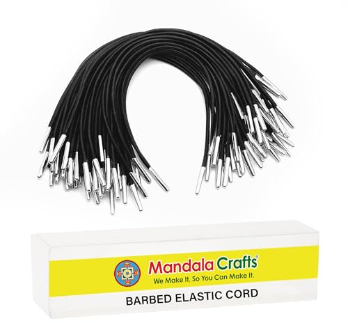 Mandala Crafts Black Barbed Elastic Barbed Cord - 100 Round 10.5” Craft Elastic Cords with Metal Ends for Menu Bands, Badge Loops, and Light-Duty Fastening