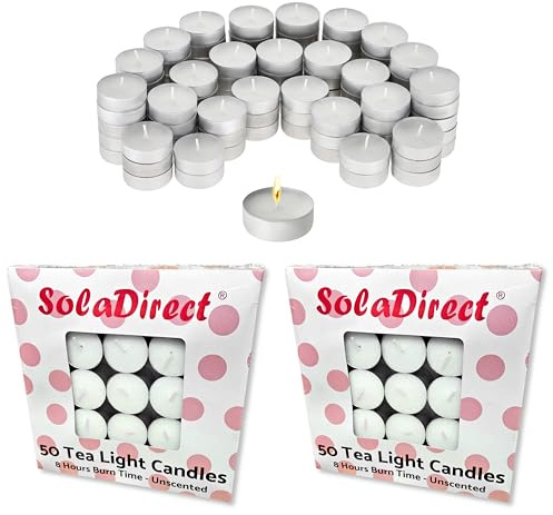 Tea Light Candles 8 Hours - White Unscented Smokeless Tealights - Bulk 100 Pack - 38 mm x 25 mm - Long Burning Night Lights for Weddings, Parties, Restaurants, Home, Decor - Paraffin Wax, Cotton Wick
