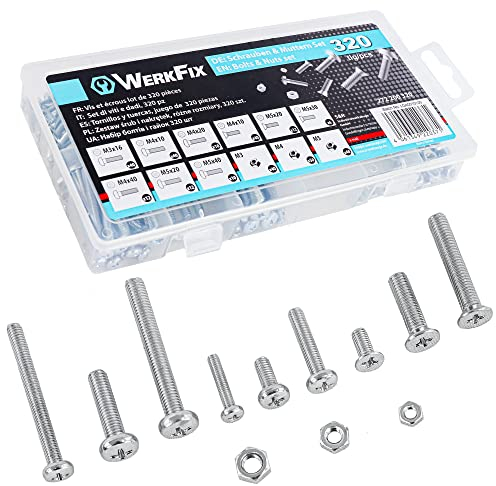 WERKFIX Coffret Vis et Boulons Écrous 320 pièces. Assortiment Vis M3 M4 M5 à tête plate et ronde. 9 types de vis 3 types de boulons DIN 965
