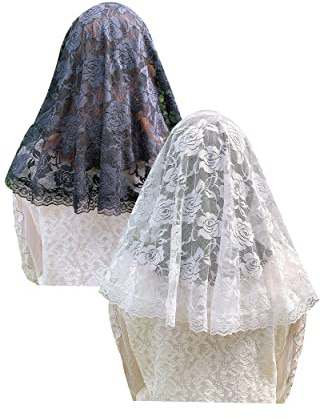 Grettytling Spitze Mantilla katholischer Schleier Kirche Schleier Kapelle Kopfbedeckung Lateinische Mass Rose Spitze Schleier Kopfbedeckung D-Form, 2 Pes Schwarz und Weiß, Medium
