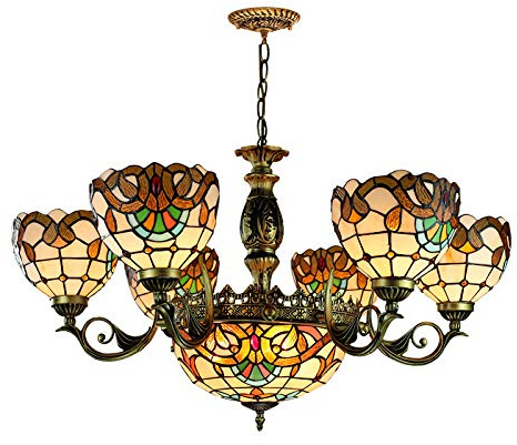Tiffany Style Chandeliers Victorian Stained Glass Ceiling Light Fixture Vintage Baroque Multi-Light Pendant Hanging Lamp for Bedroom Living Room Dining Room Kitchen, Yellow,6 Light