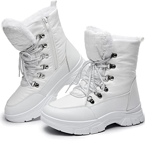 Rominz Womens Winter Snow Boots with Zipper Warm Fur Lined Mid Calf Ankle Booties for Women Comfortable Outdoor Anti Slip Boots(White, US9)