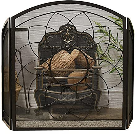 FLBT Pare-étincelles à 3 Panneaux avec Double Barre pour cheminée, Grille Pare-étincelles en Fer forgé Vintage pour décoration de Salon, Finition Noire Rustique Needed
