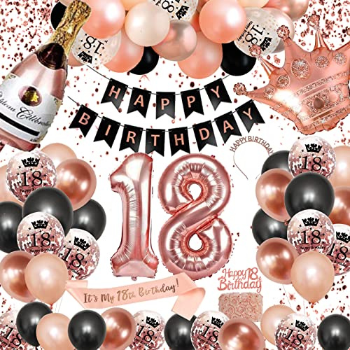 18. Geburtstag Dekorationen Mädchen, SWPEED Rosegold Schwarz Deko Set 18th Ballons Happy Birthday Banner Girlande Konfetti luftballon Frauen Mädchen 18 Geburtstag Party Deko Supplies
