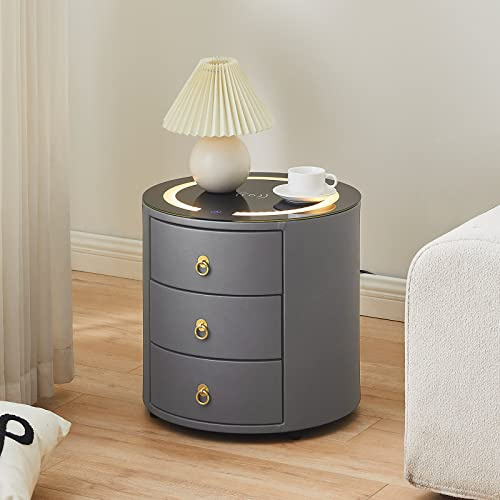 LEMROE Grey Round Bedside Table with Wireless Charging Station, Smart Light | Fully Assembled Low Cabinet with Glass Desktop, Faux Leather Coating Wooden 3 Drawers Side Table Bedroom Cabinet, Waterproof