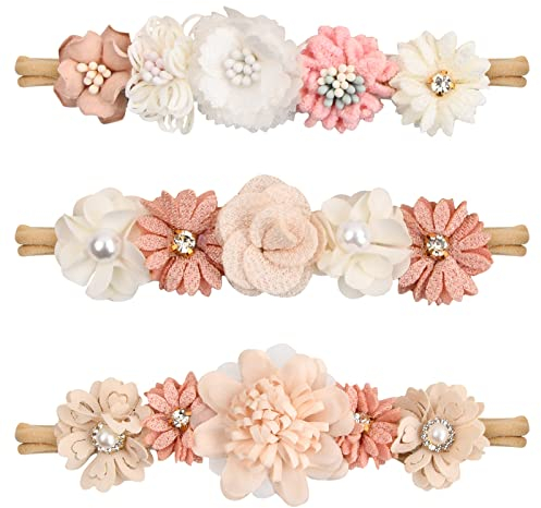 3 Pcs Baby Haarband Mädchen 0-3 Jahre, Stretchy Nylon Baby Stirnband mit Blumen Spitze Perle, Stirnbänder Neugeboren Weich Niedlich Floral Haarbänder Dünne, Haarreif für Kleinkind Party Fotografie (A)