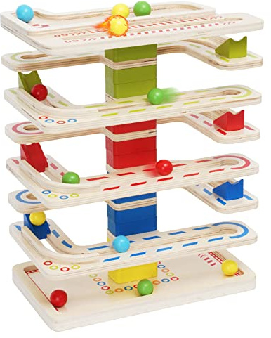 Wooden Marbles Run Ball Drop Toys Race Track Ramp Set with 16 Marbles Whirling Game Activity Early Educational Montessori Learning Toys Best Gifts for 1 2 3 Years Old