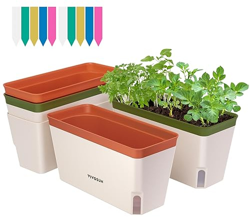 VIVOSUN Self-Watering Planters, 4-Pack 10.5 Inch Compact Rectangular Window Herb Planter Box with 10 PCS Plant Labels, Plant Container for Basil, Flowers, Succulents, Indoor & Outdoor