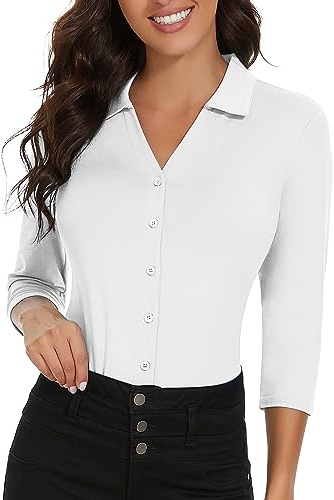 Soneven Weiße Bluse Damen Elegant Blusenshirt Damen 3/4 Arm mit V-Ausschnitt Poloshirt Golf Business Oufit Herbst Oberteil T-Shirt L