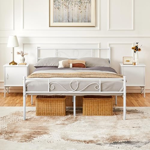 Yaheetech Struttura Letto Matrimoniale in Ferro Battuto a Doghe 160 x 200 cm Testiera Elegante in Metallo Stile Rustico Moderno Bianco