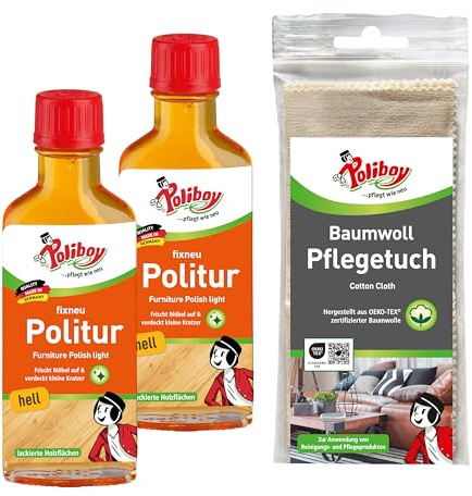POLIBOY fixneu Politur hell - Möbelpolitur für helle lackierte Hölzer - farbauffrischende Holzpolitur - 2x 100ml - Mit Baumwolltuch - Made in Germany