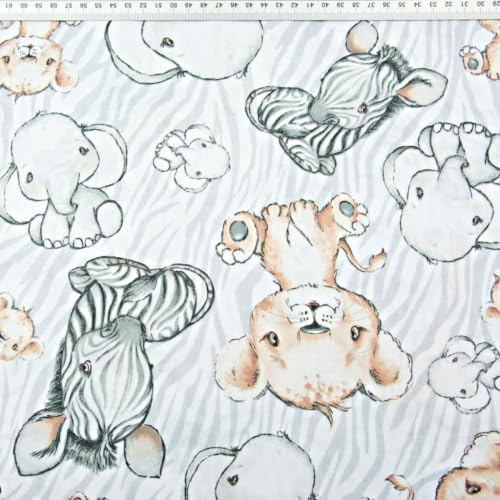 Textrend Baumwollstoff - Stoff zum Nähen - 100% Baumwolle - Textilien 1x1.6m - Stoffe Meterware - Afrikanisches Tiermotiv (Zebra Löwen und Elefanten große beige auf weißem und grauem Hintergrund)