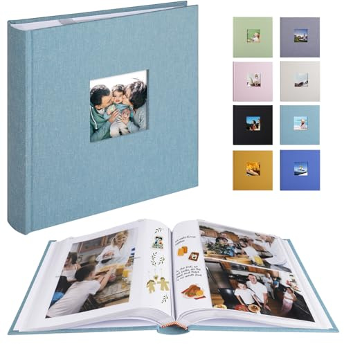 1DOT2 Leinen Fotoalbum Einsteckalbum, klassisches Cyan-blau | 100 Seiten, Fasst 200 Fotos 10x15 Horizontal, Fasst 100 Fotos 13x18 Vertikal, Klein
