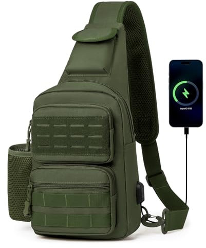 HUNTVP Taktische Brusttasche Herren Sling bag Militär Schultertasche Umhängetasche Tactical Chest Bag MOLLE Crossbody Bag für Alltag Reisen Wandern Camping (Grün)